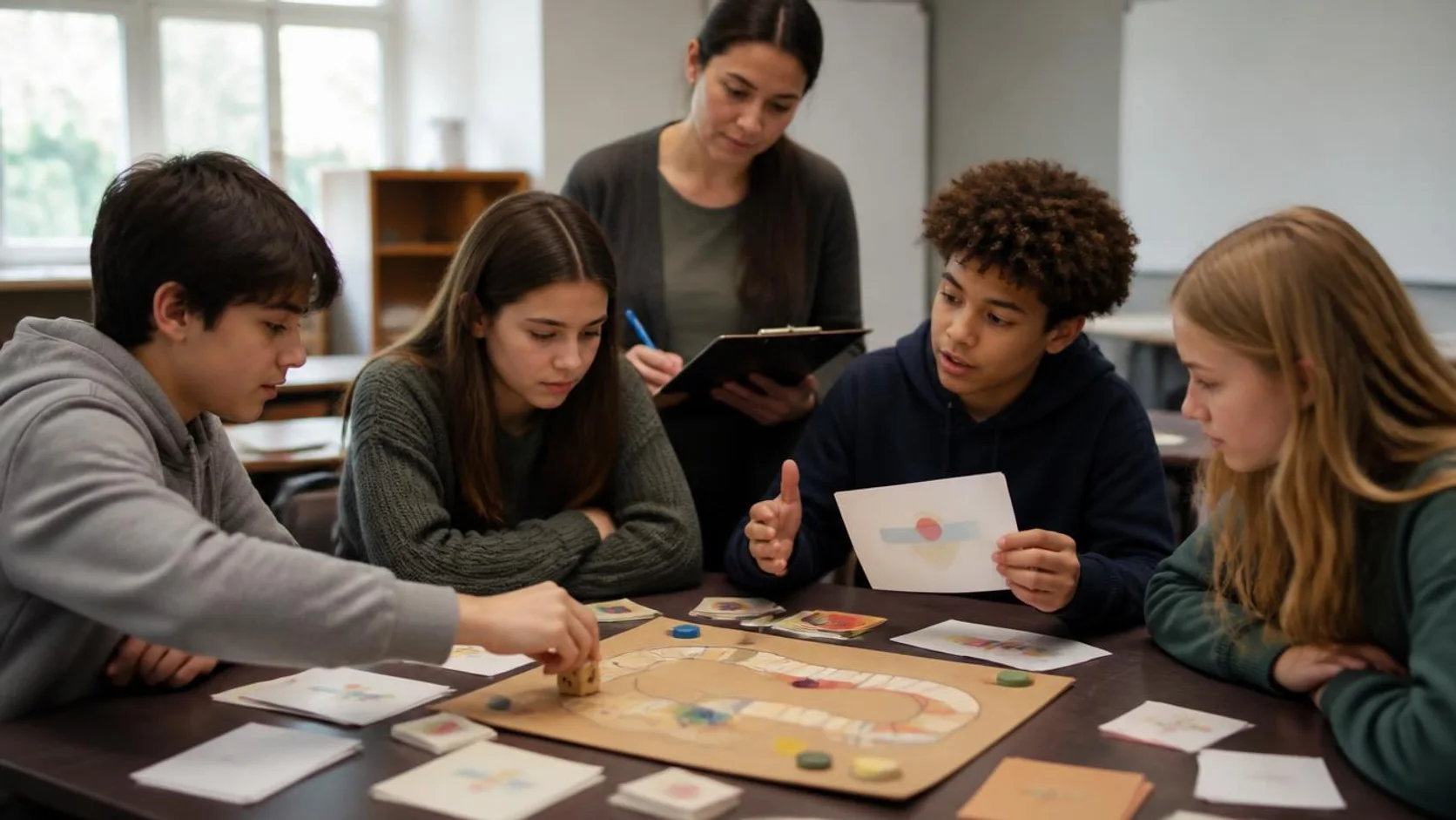 Estudantes reunidos em volta de um jogo de tabuleiro feito com cartas e fichas, explicando um diagrama enquanto a docente observa com uma ficha de avaliação.