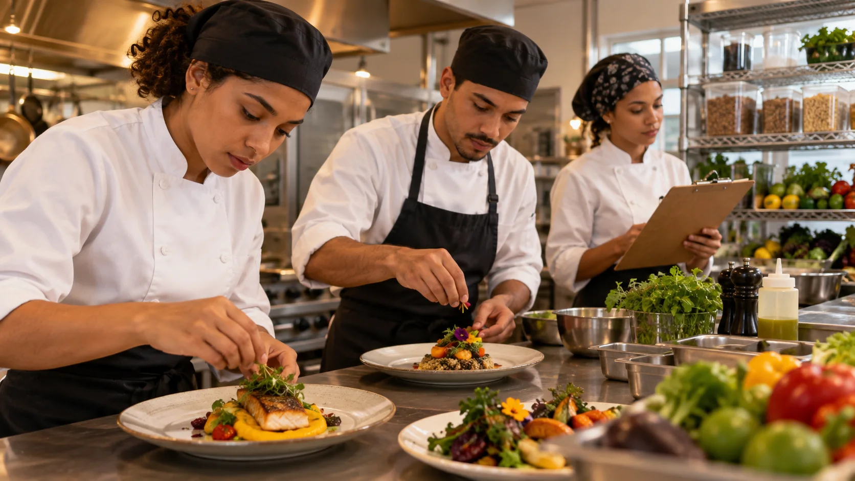 Estudantes de gastronomia preparam um prato e conferem a organização da cozinha
