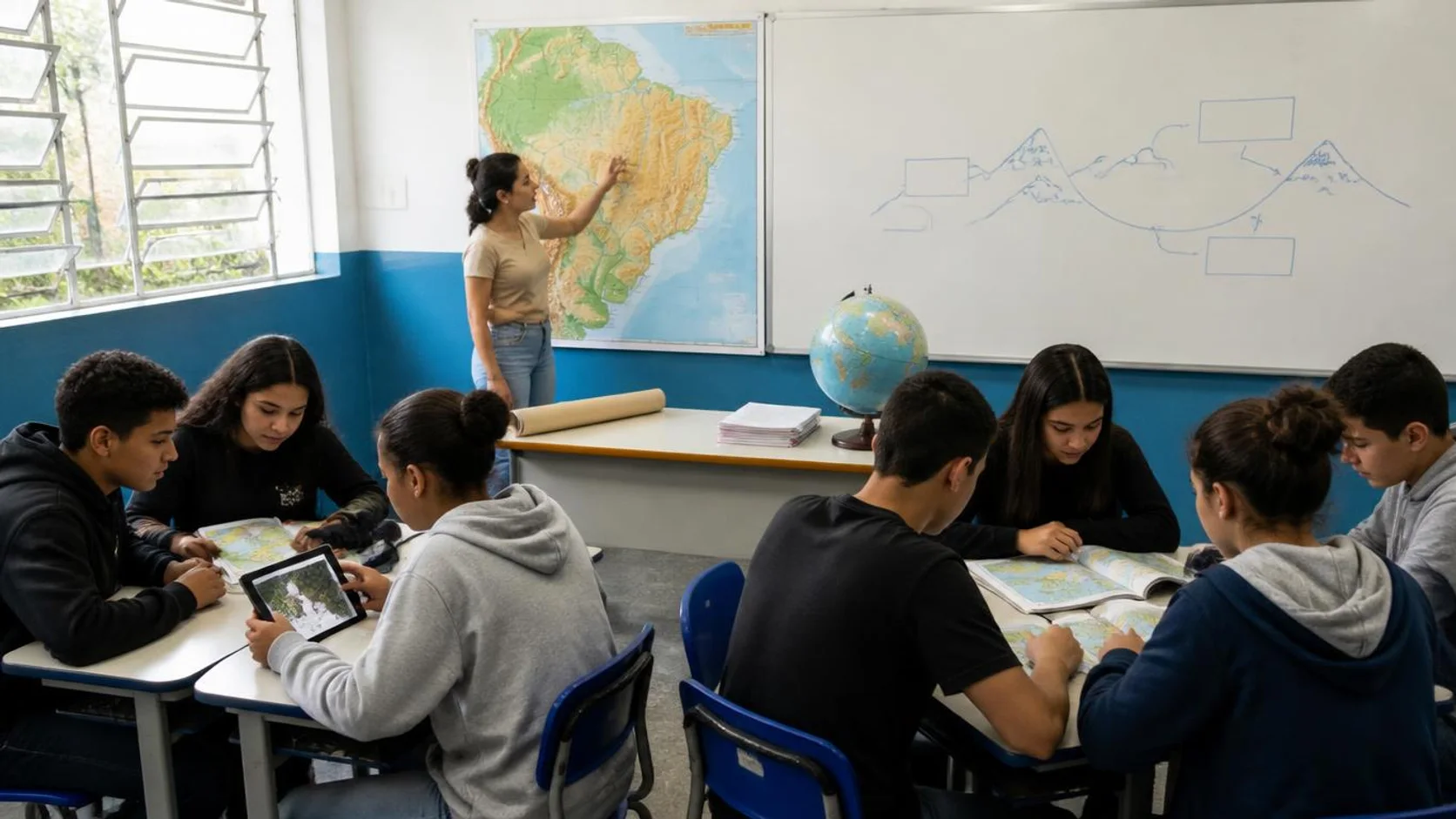 Docente aponta um rio em um mapa de relevo enquanto estudantes comparam um atlas impresso com uma imagem de satélite.