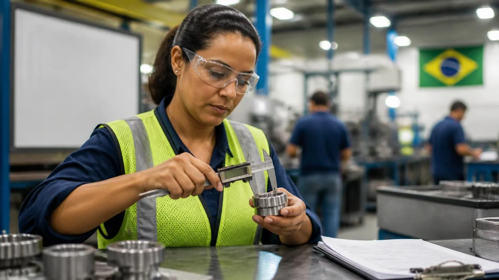 Profissional de engenharia com colete e óculos de proteção medindo uma peça metálica com paquímetro digital em bancada de fábrica.