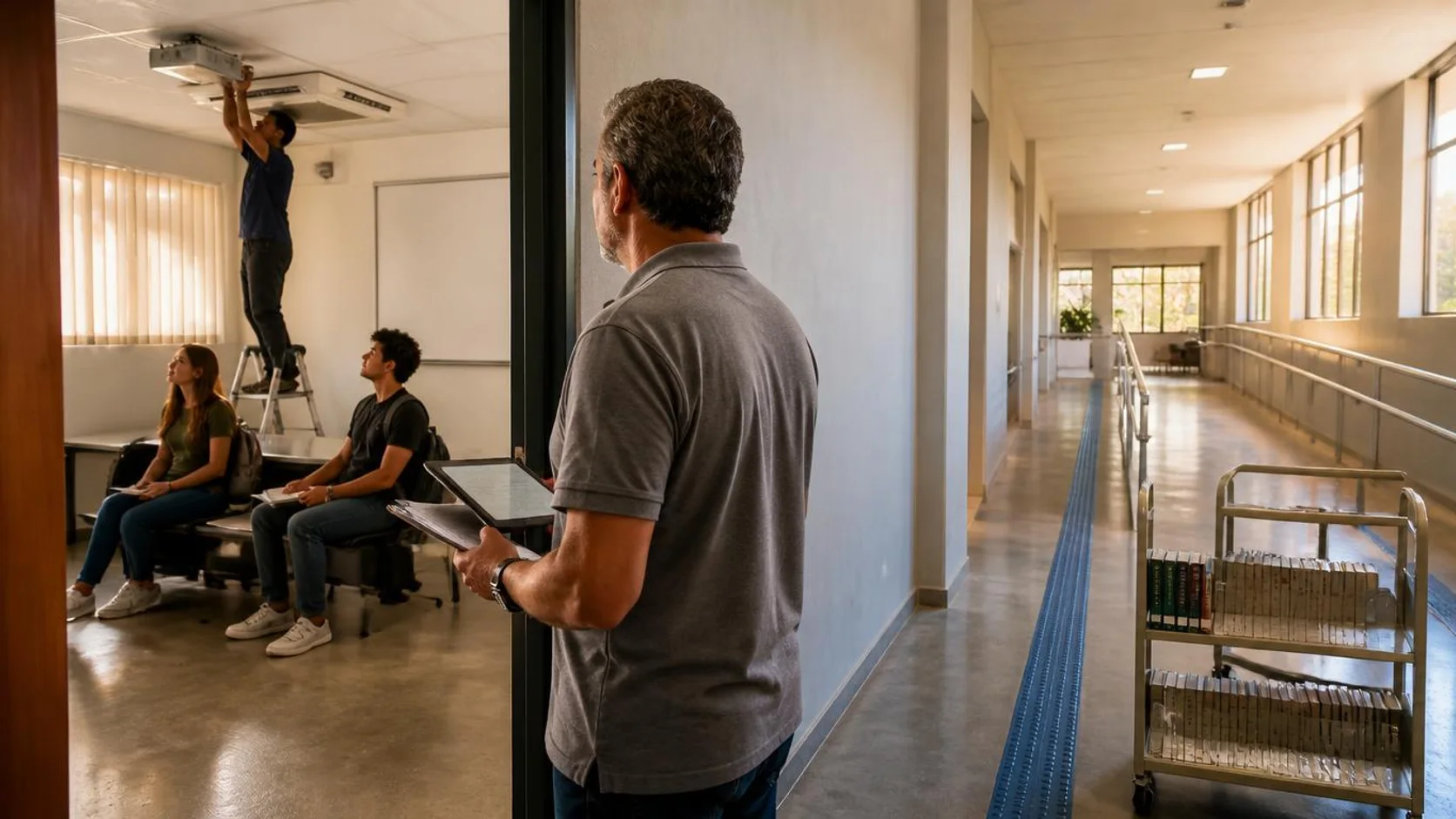 Coordenação de manutenção com prancheta em corredor universitário enquanto um técnico ajusta o projetor da sala e dois estudantes aguardam em um banco