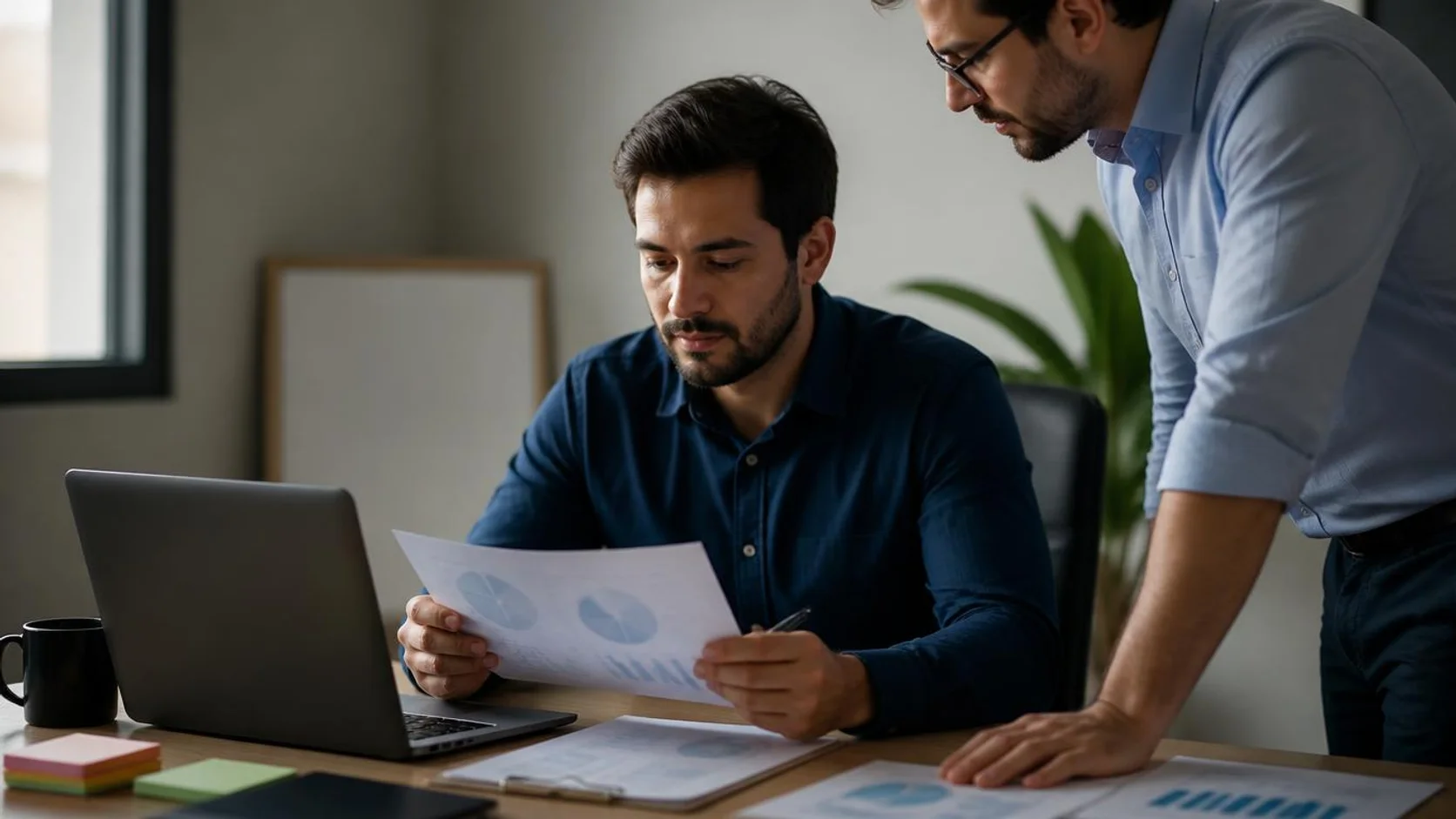 Dois profissionais analisam relatórios financeiros impressos e uma planilha na tela do computador em um escritório iluminado pela luz natural.