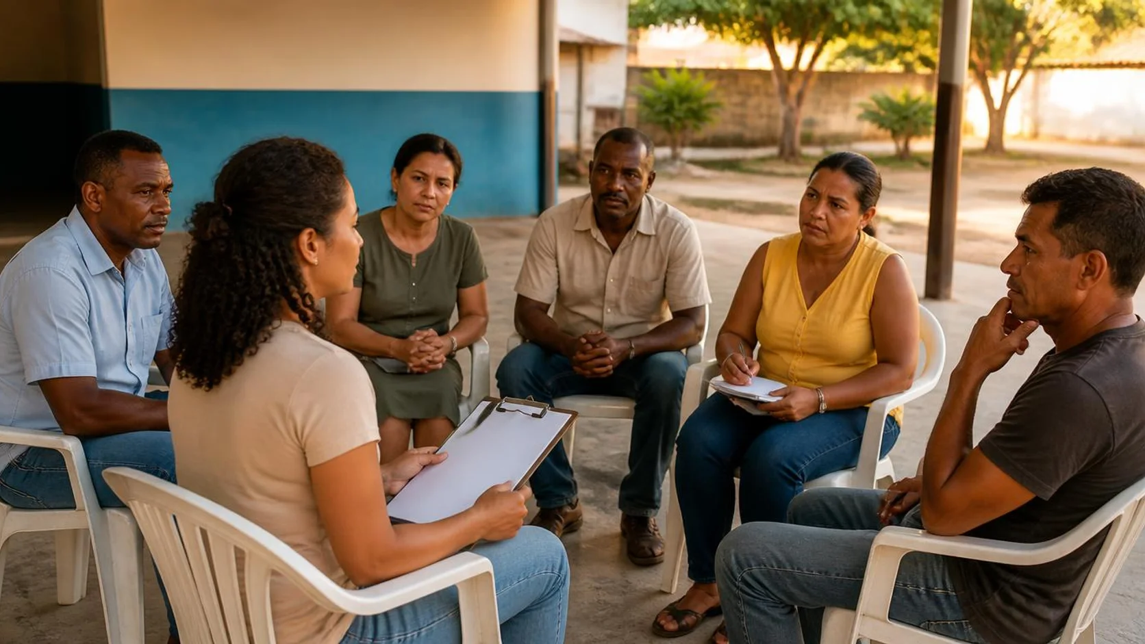 Agente comunitário conversa com moradores sentados em círculo em um pátio, durante uma reunião de projeto social.