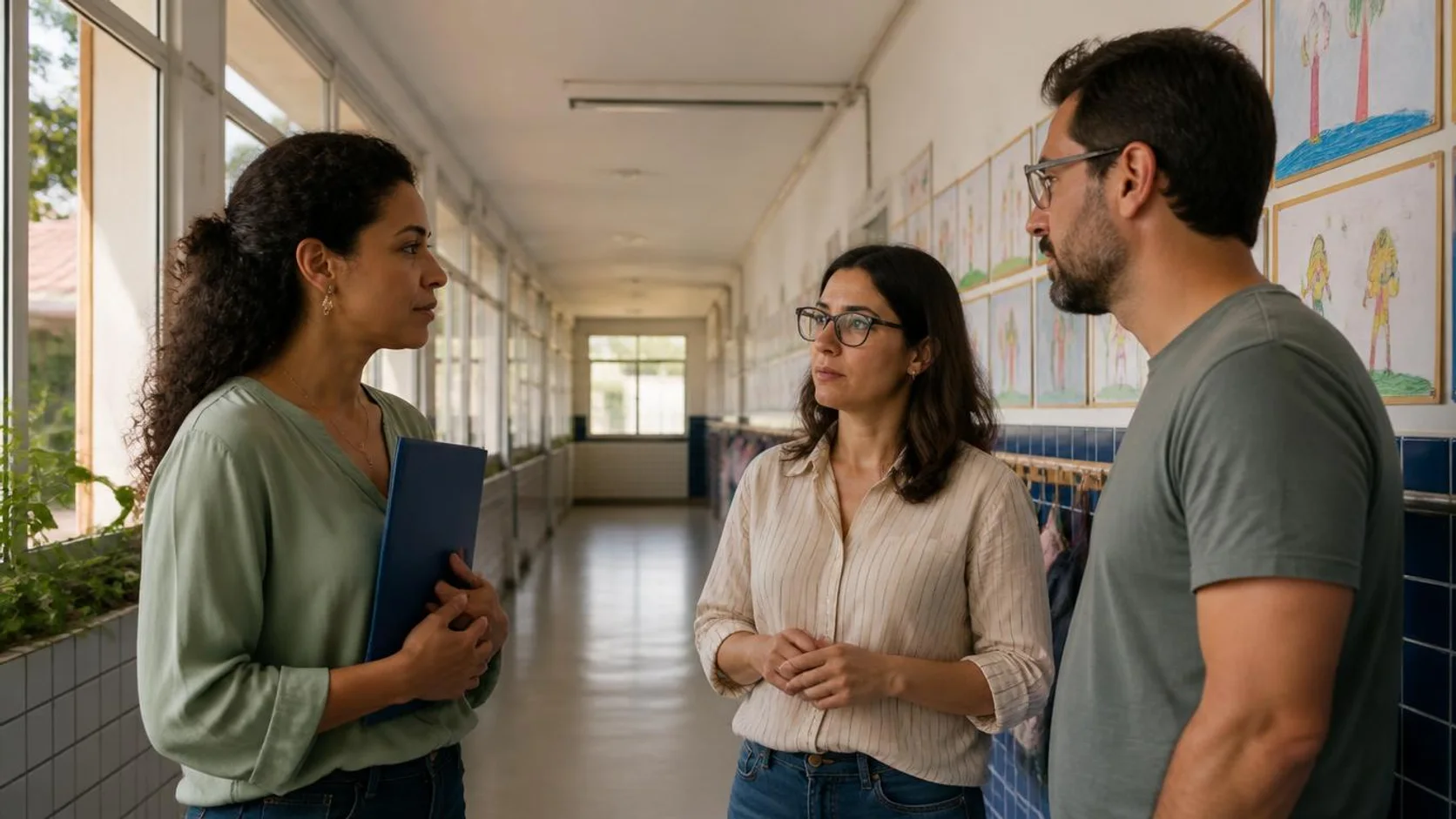 Coordenação conversa com docentes em corredor de escola pública, segurando uma pasta de planejamento.