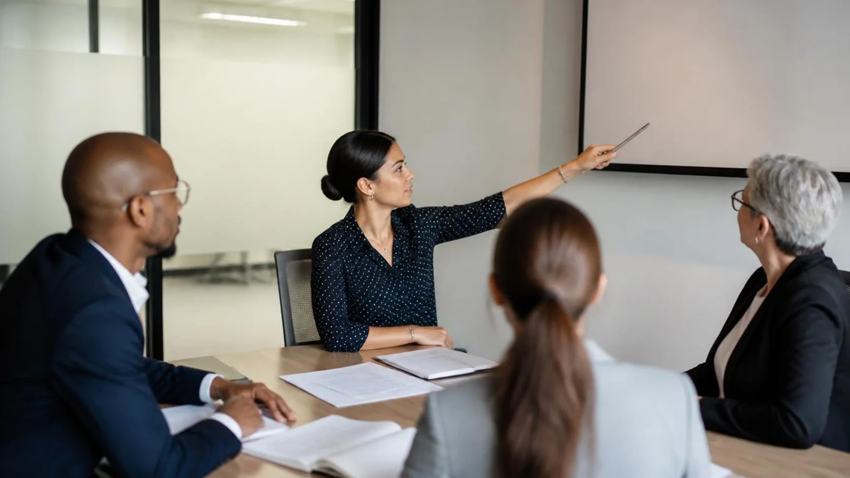 Comitê de governança de tecnologia se reúne em sala de escritório para discutir políticas e prioridades de investimento em TI.