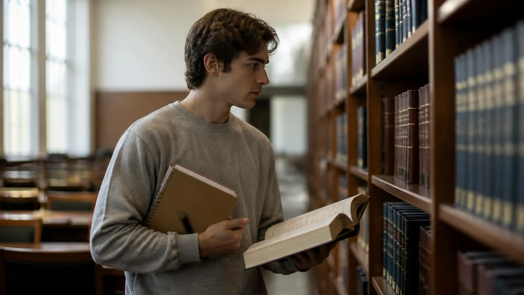 Estudante de Direito em um corredor de biblioteca universitária, com um volume jurídico aberto nas mãos e uma estante de livros encadernados ao fundo.
