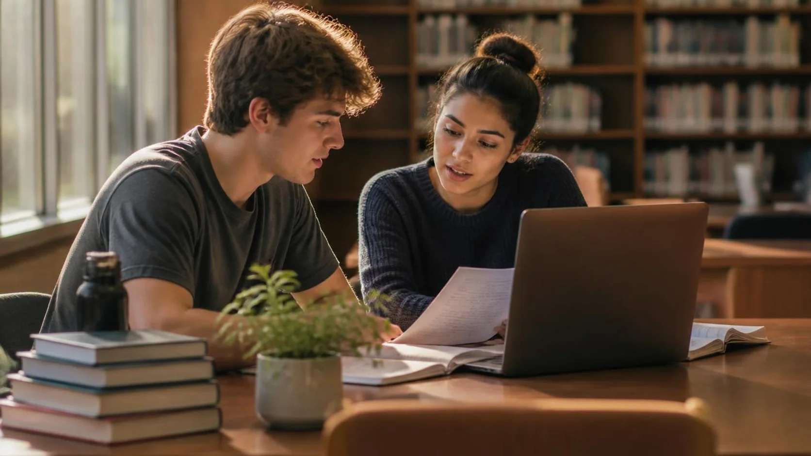 Estudantes analisam gráficos e tabelas de dados econômicos em mesa de biblioteca universitária.