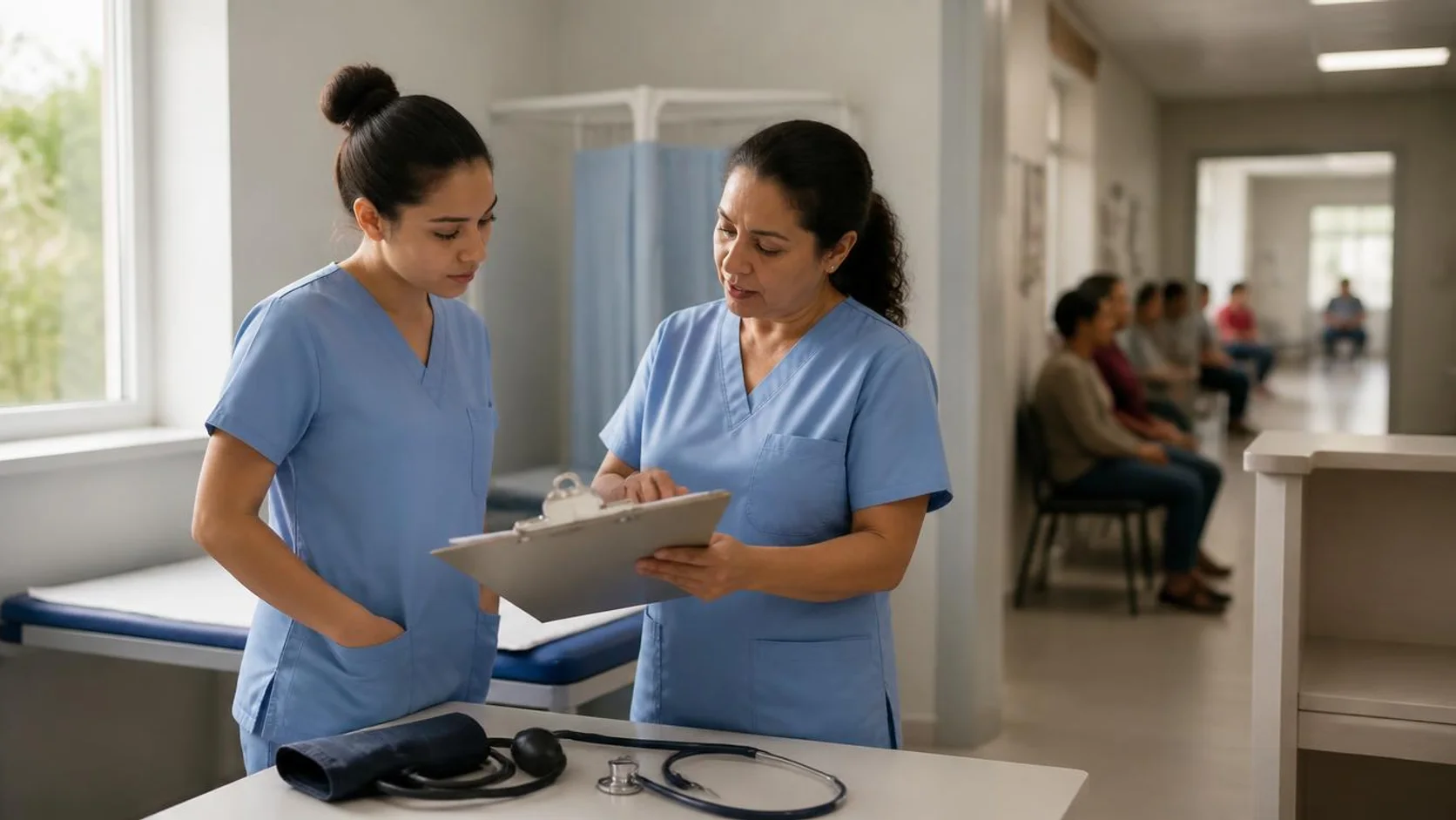 Estudante de enfermagem em uniforme azul acompanha uma profissional de enfermagem experiente durante atividade prática em unidade básica de saúde.