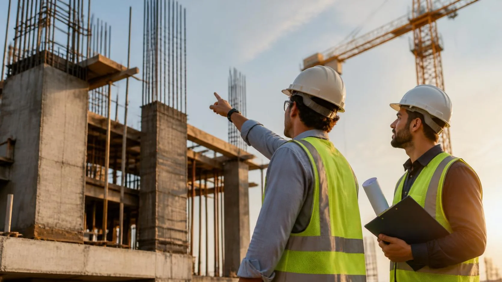 Profissionais de engenharia com capacete e colete refletivo analisam a estrutura de concreto armado de uma obra, com plantas técnicas em mãos e gru ao fundo.