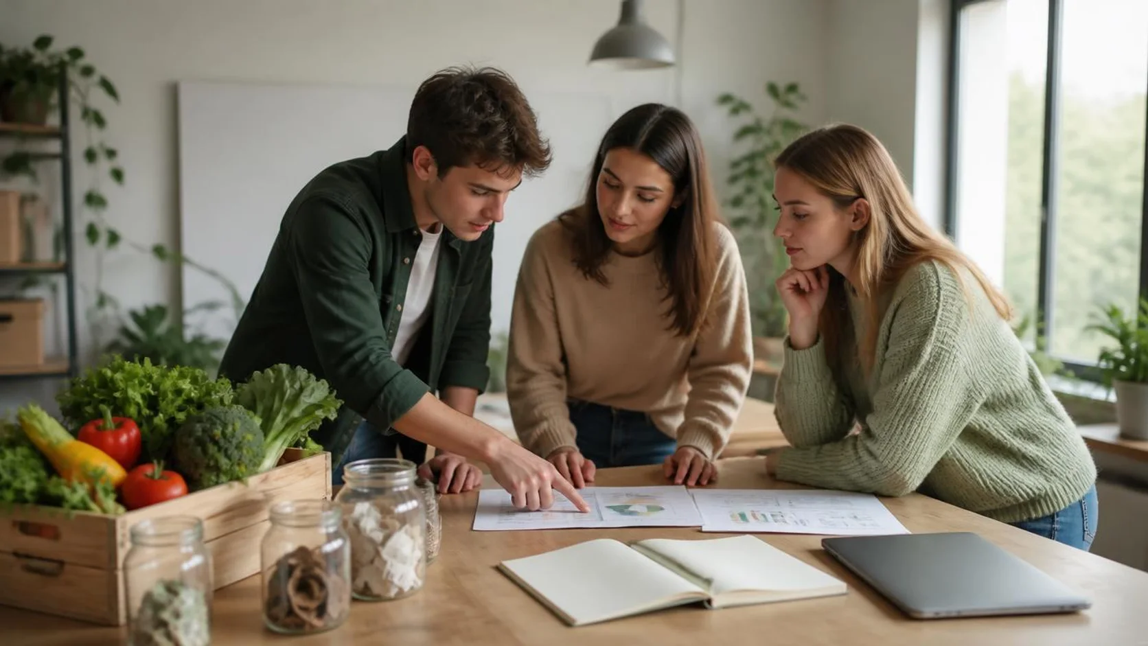 Três estudantes universitários examinam um relatório de sustentabilidade com gráficos impressos em uma mesa de madeira, ao lado de potes de embalagens recicláveis