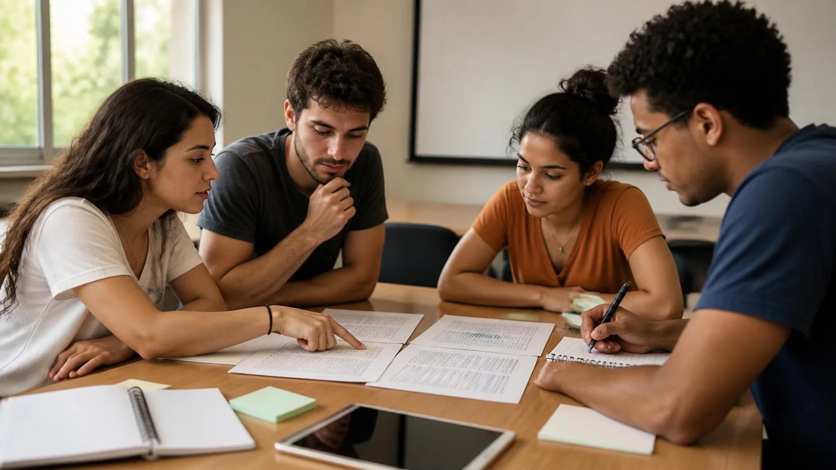 Estudantes universitários comparam duas notícias impressas e um gráfico sobre a mesa durante um seminário.