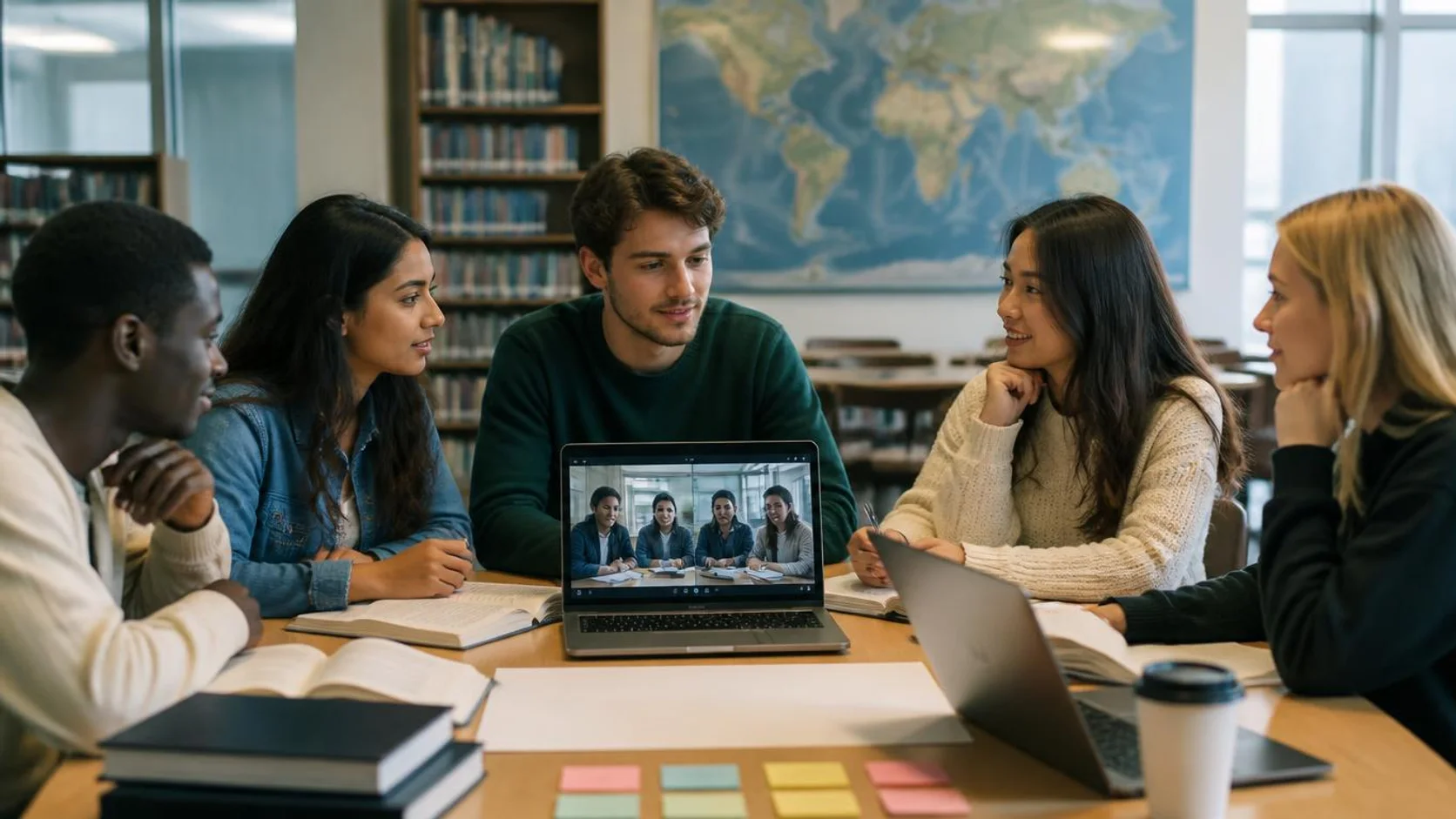 Estudantes de origens diferentes trabalhando juntos em uma mesa de biblioteca universitária, com uma chamada de vídeo aberta no notebook.