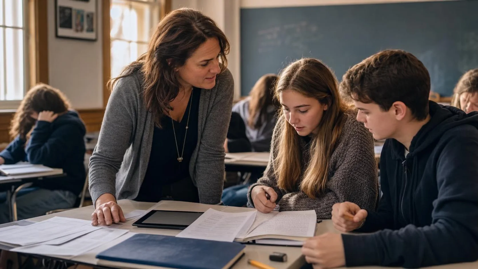 Professora conversa com dois estudantes junto a uma mesa com folhas impressas, caderno e tablet em uma sala de aula.
