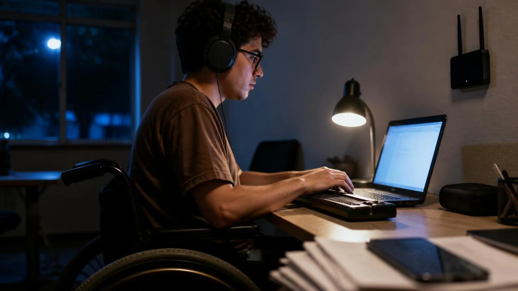Estudante universitário em cadeira de rodas estuda à noite com notebook de interface de alto contraste, display braille e fones de ouvido, em uma sala de estudos com roteador de internet ao fundo.