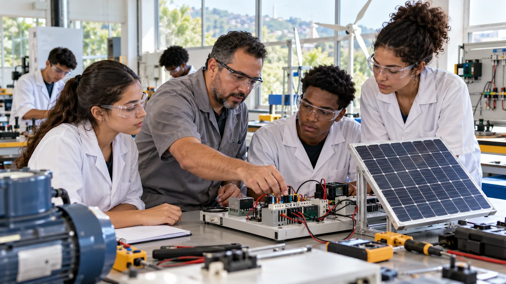 Professor e estudantes trabalham com painel solar e equipamentos de automação em laboratório técnico.
