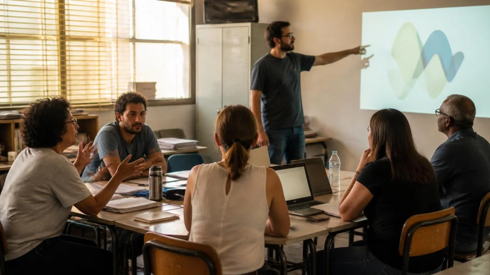 Docentes reunidos em sala de formação discutem um diagrama projetado na parede, com cadernos e notebooks sobre as mesas.