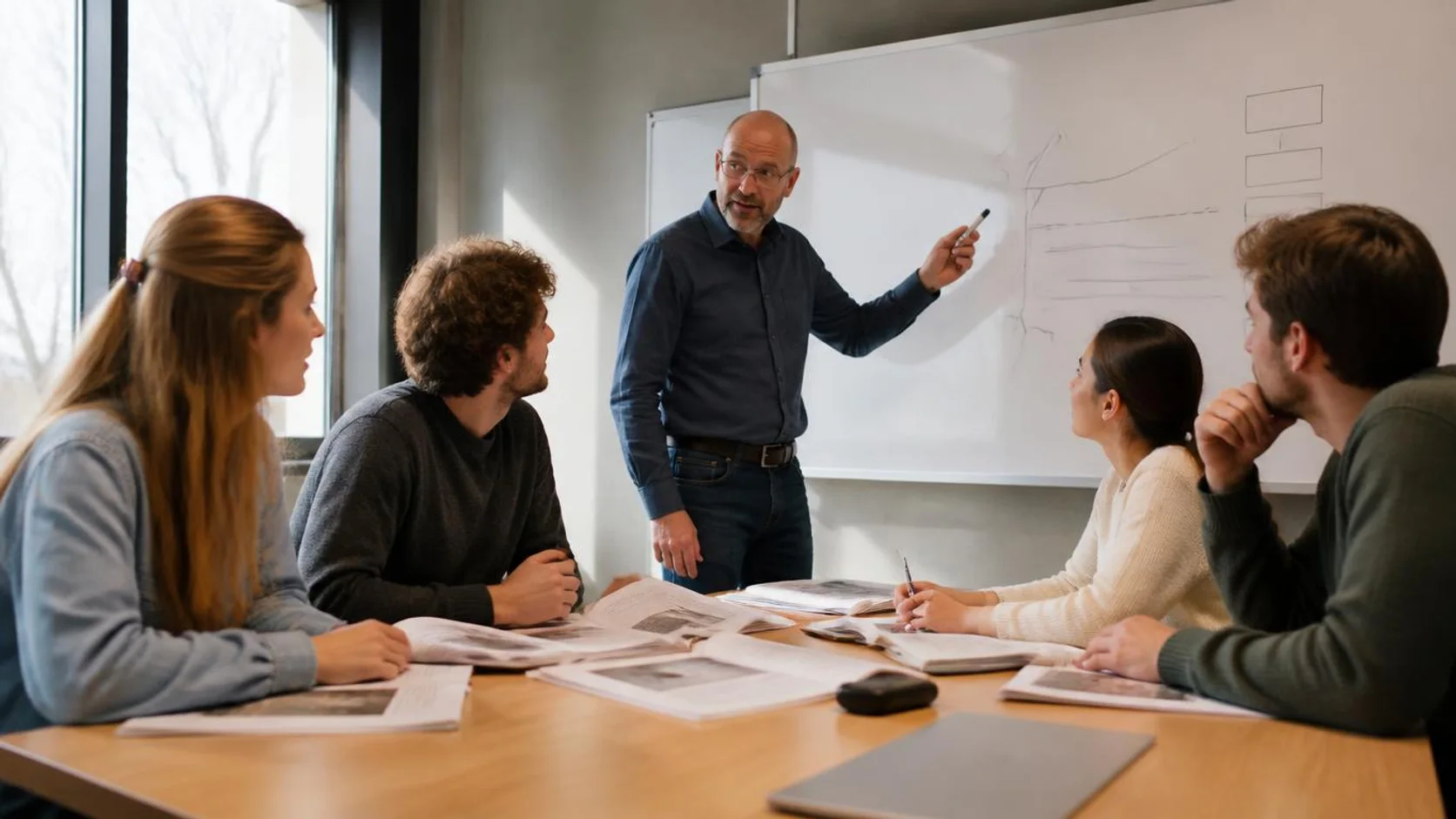Docente e estudantes discutem diagramas em quadro branco durante seminário, com artigos impressos sobre a mesa.