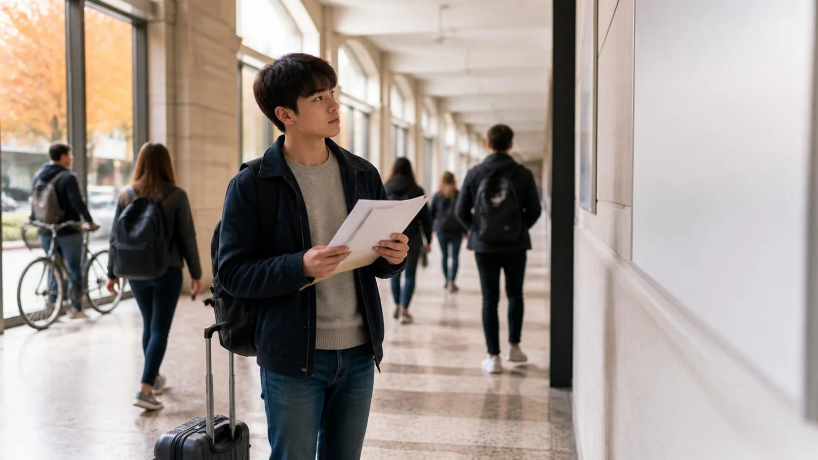 Estudante de intercâmbio com mala e plano de estudos impresso em um corredor de universidade estrangeira.