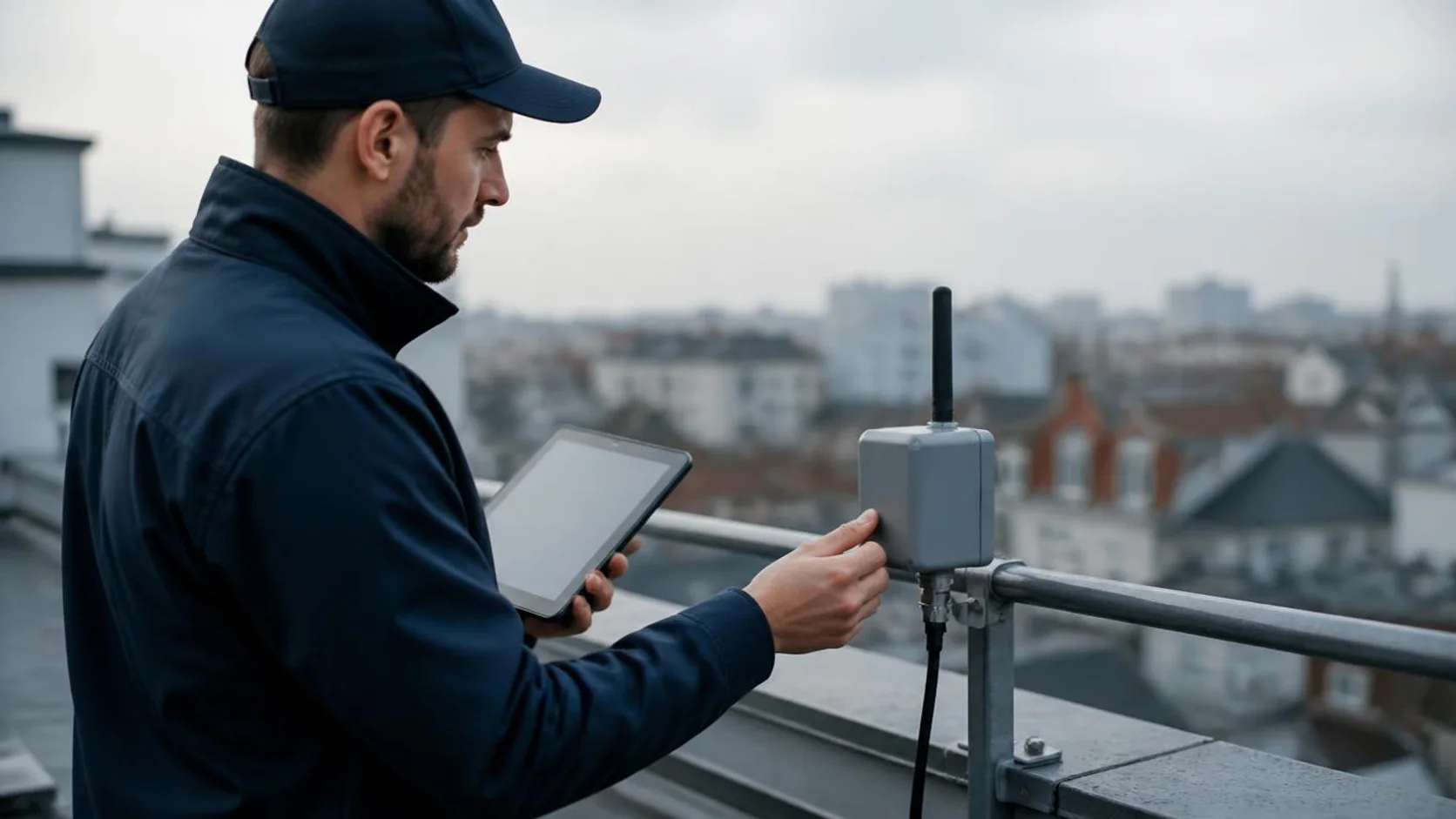 Técnico verifica um pequeno gateway de sensores instalado em uma laje, com telhados da cidade ao fundo desfocados.