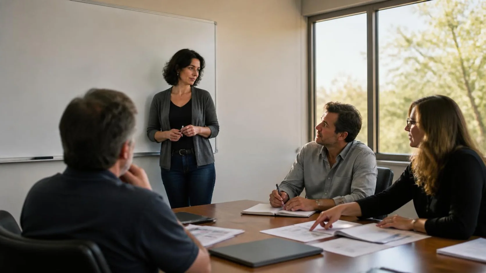 Reunião de coordenação acadêmica em uma sala de faculdade, com a coordenação de pé junto ao quadro e três colegas analisando relatórios impressos à mesa.