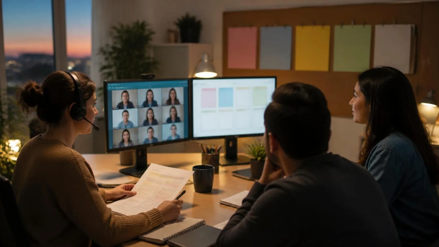 Equipe de coordenação de EaD acompanha uma videochamada e faz anotações em um escritório ao entardecer.