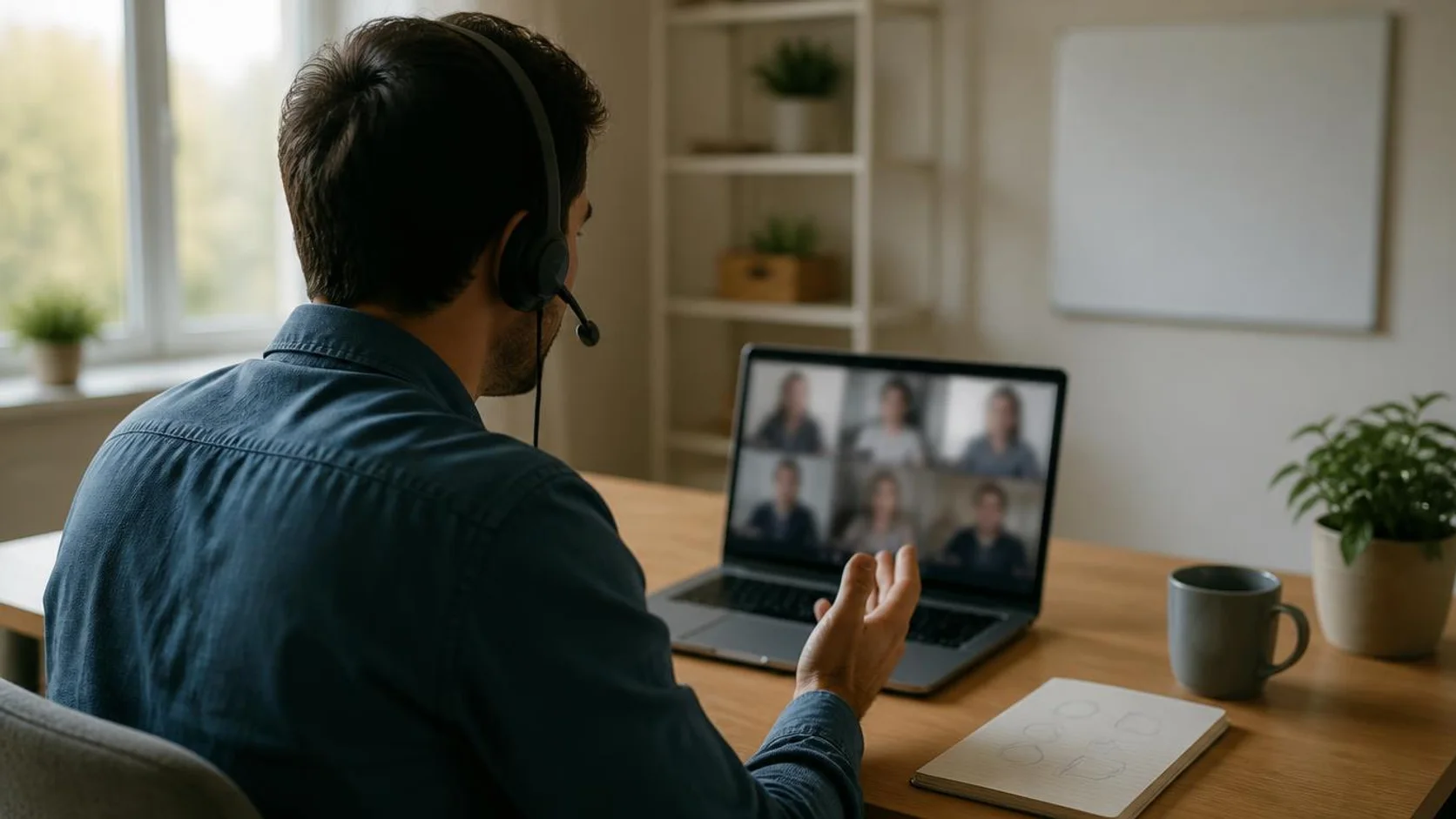 Líder de equipe em home office conversa por videochamada com colegas remotos, vistos de forma desfocada na tela.