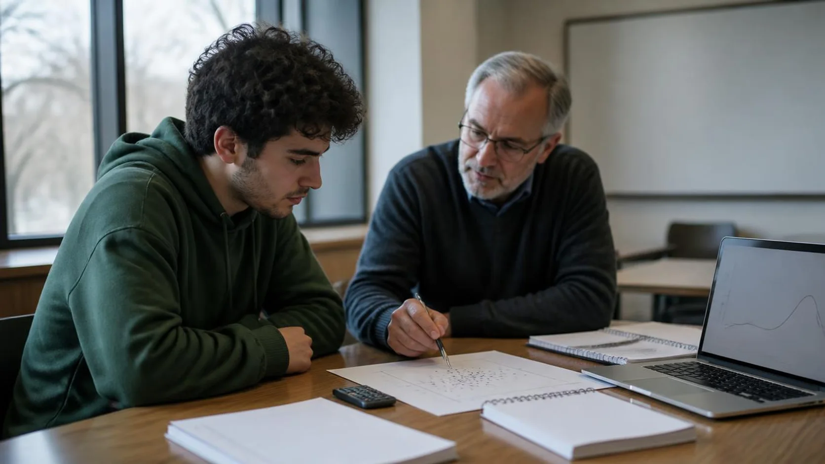 Estudante e docente analisam um gráfico de dispersão impresso e uma calculadora sobre a mesa de uma sala de estudos universitária.