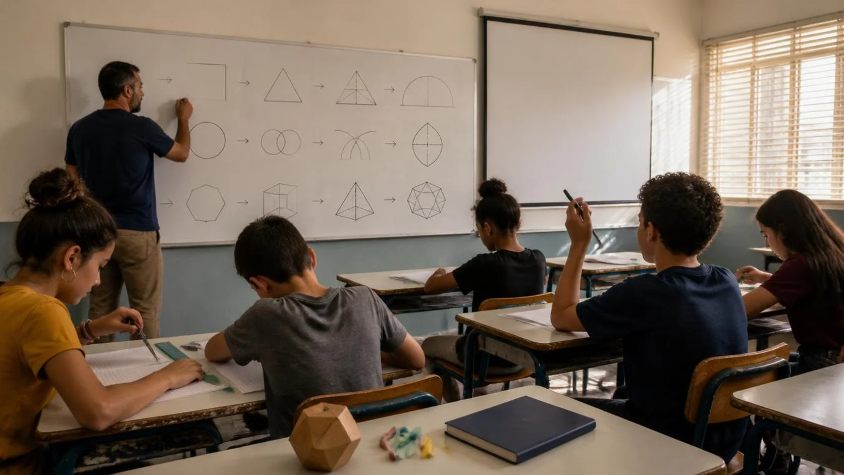 Docente desenha uma construção geométrica na lousa enquanto estudantes trabalham com régua e compasso em papel quadriculado.
