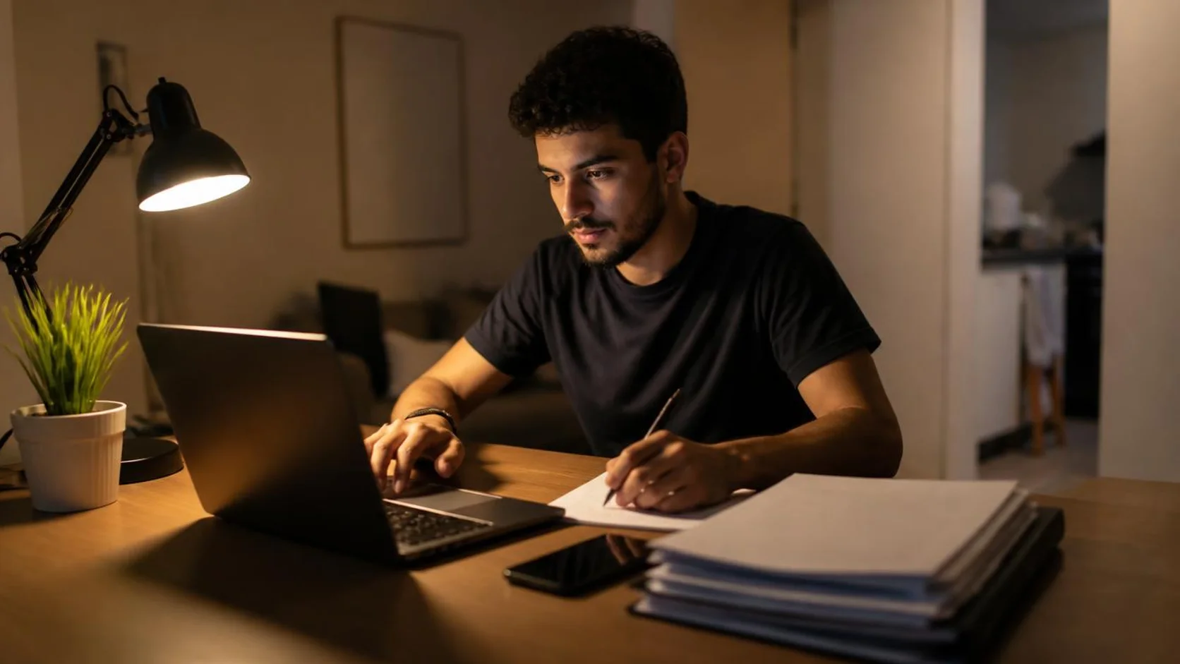 Estudante acessa o notebook em uma mesa de casa, com uma pilha de documentos impressos e o celular ao lado, à luz de um abajur.