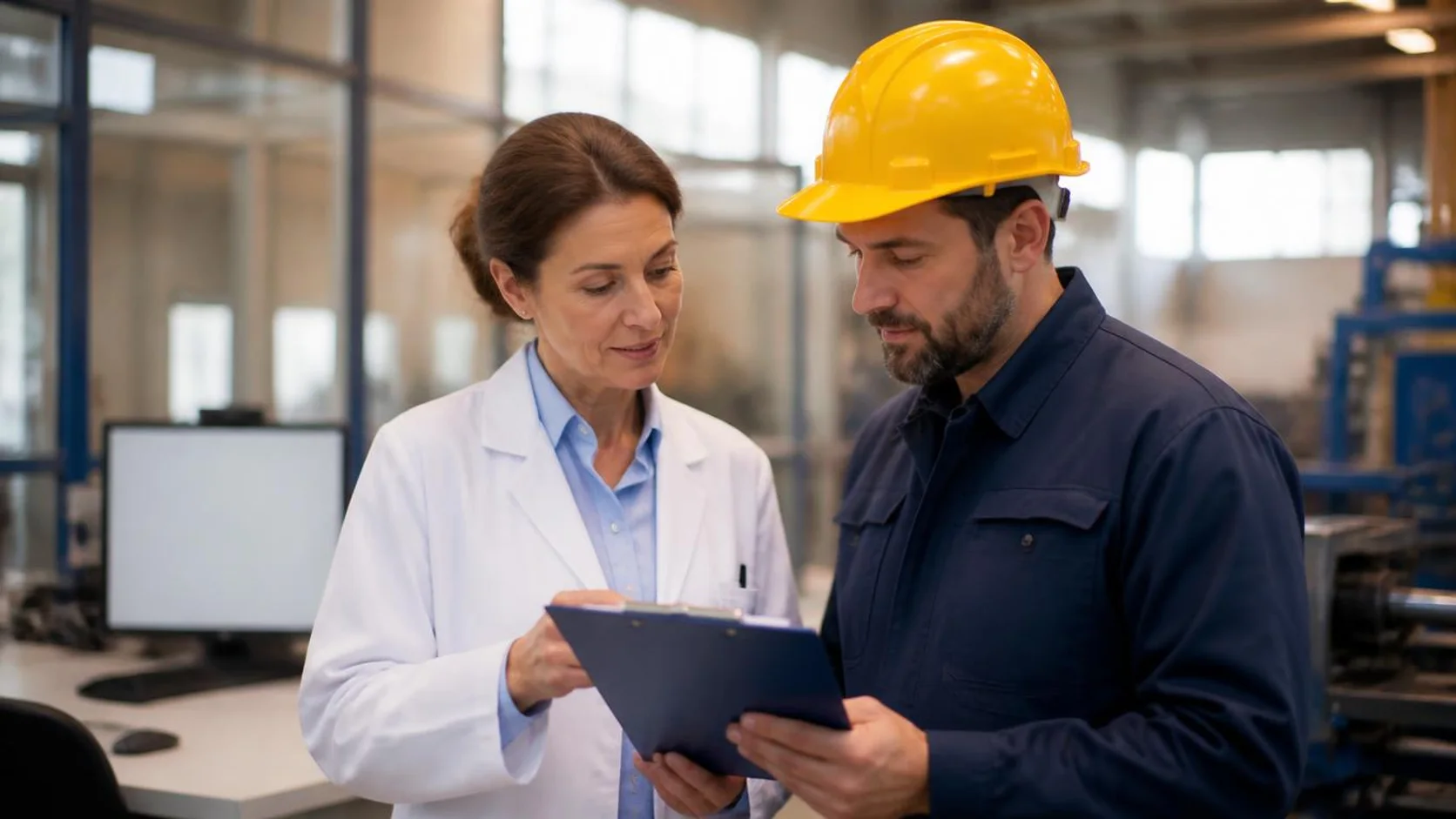 Profissional de medicina do trabalho de jaleco conversa com trabalhador de capacete e uniforme em instalação industrial iluminada, os dois analisando uma prancheta junto ao posto de trabalho.