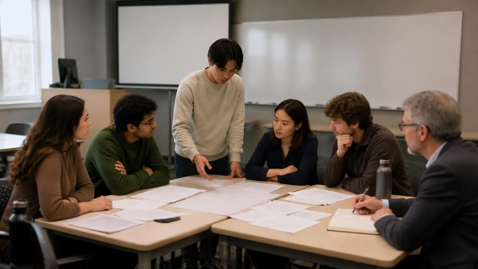 Estudantes reunidos em grupo analisam um caso impresso enquanto a docente observa e anota.
