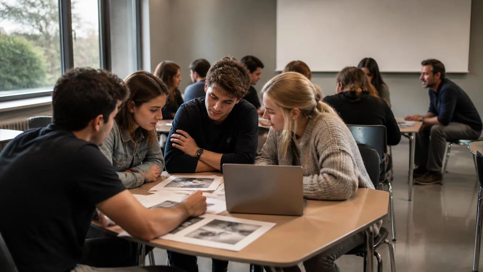 Sala de aula universitária organizada em grupos de estudantes que analisam um estudo de caso impresso, com a docente atendendo um dos grupos.