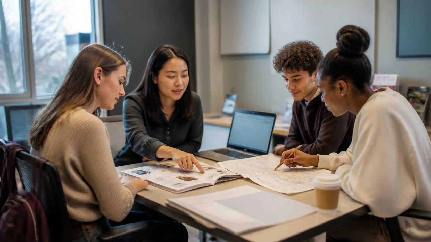 Orientação acadêmica e três estudantes analisam catálogo de disciplinas e mapa do campus em uma mesa de escritório.