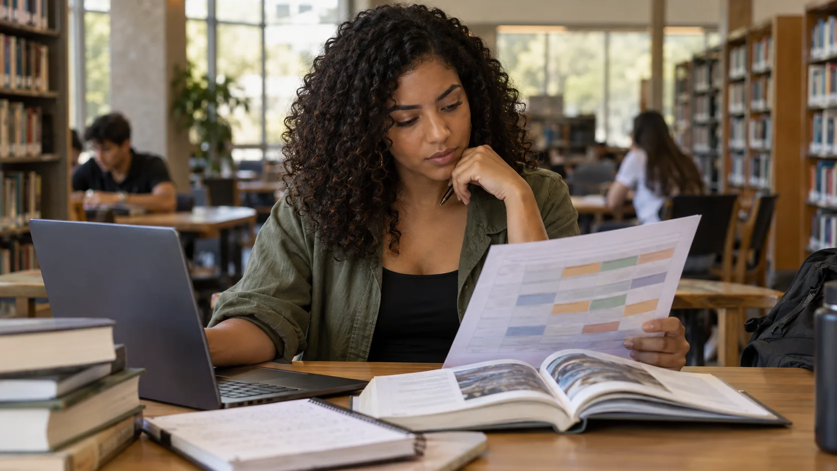 Pessoa adulta compara opções de estudo em uma biblioteca universitária