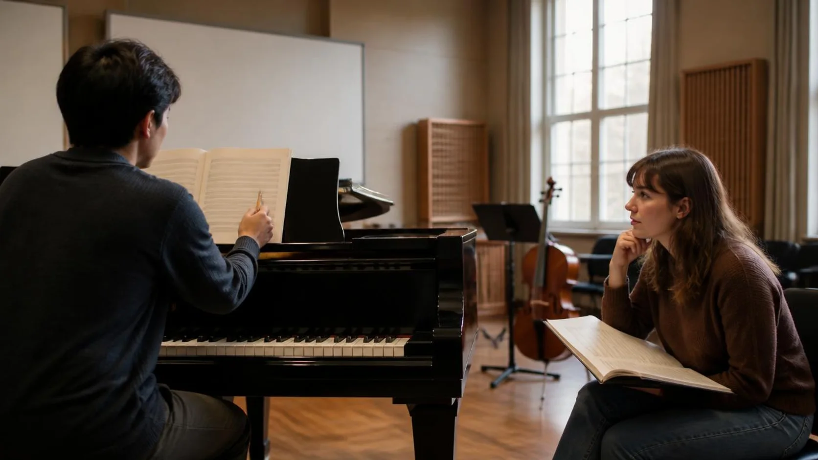 Estudante revisa partitura ao piano enquanto colegas acompanham a leitura em uma sala de música universitária.