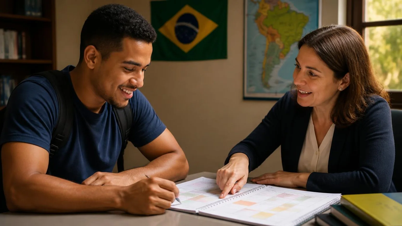 Profissional de orientação aponta um planejamento impresso para um estudante com mochila, em uma sala da faculdade com bandeira do Brasil e mapa da América do Sul ao fundo.