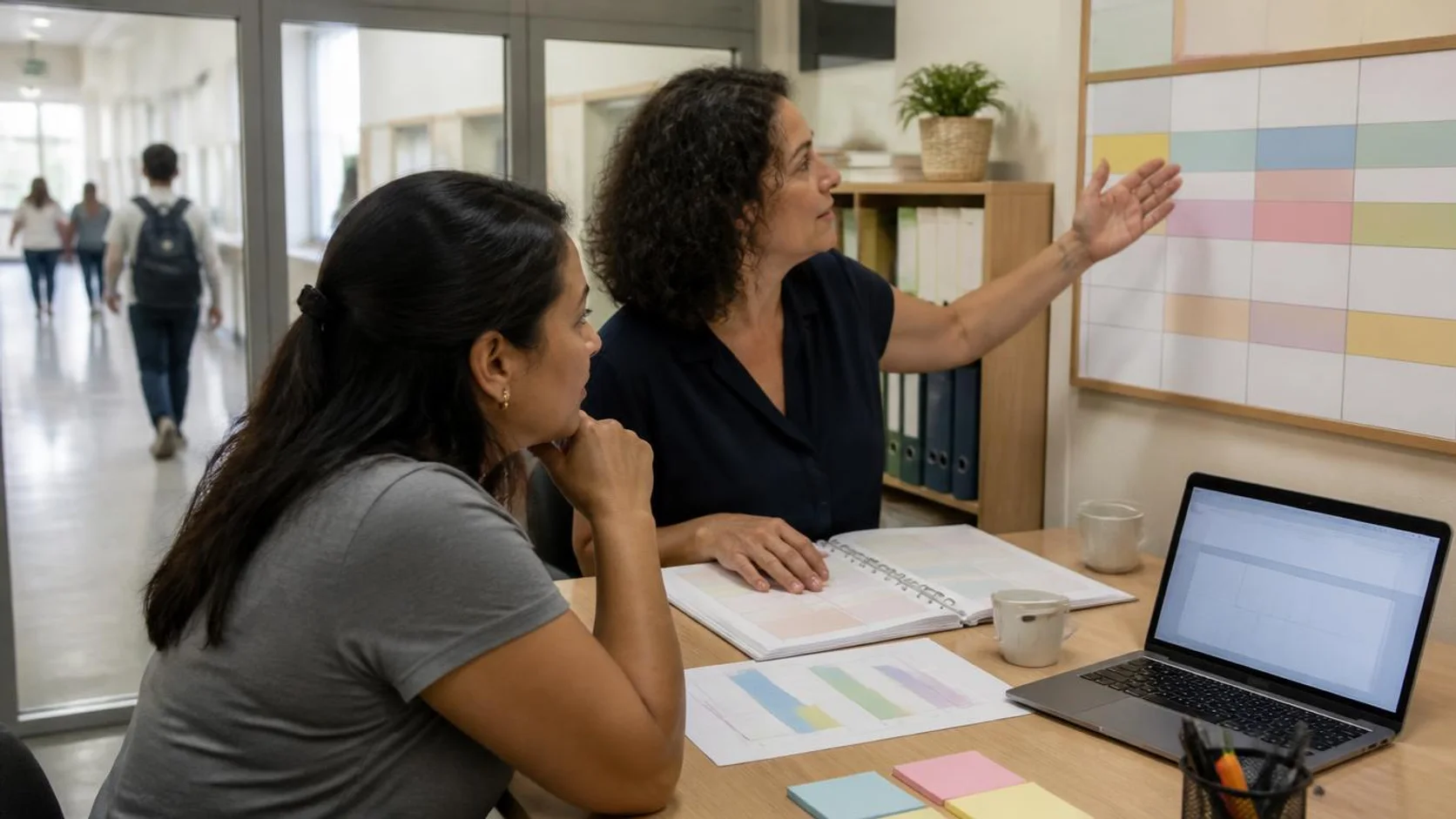 Coordenação pedagógica e docente planejam juntas em uma sala da coordenação, com calendário de blocos em branco na parede.