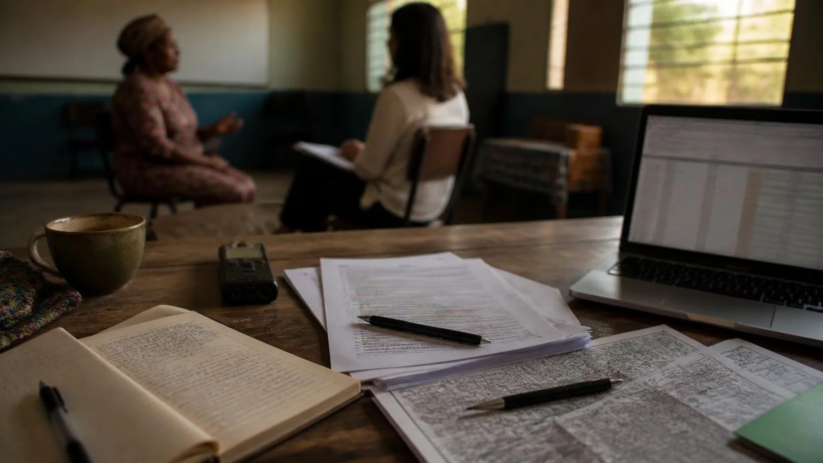 Mesa de trabalho de campo com caderno de anotações, gravador e transcrições anotadas durante uma entrevista em comunidade urbana.