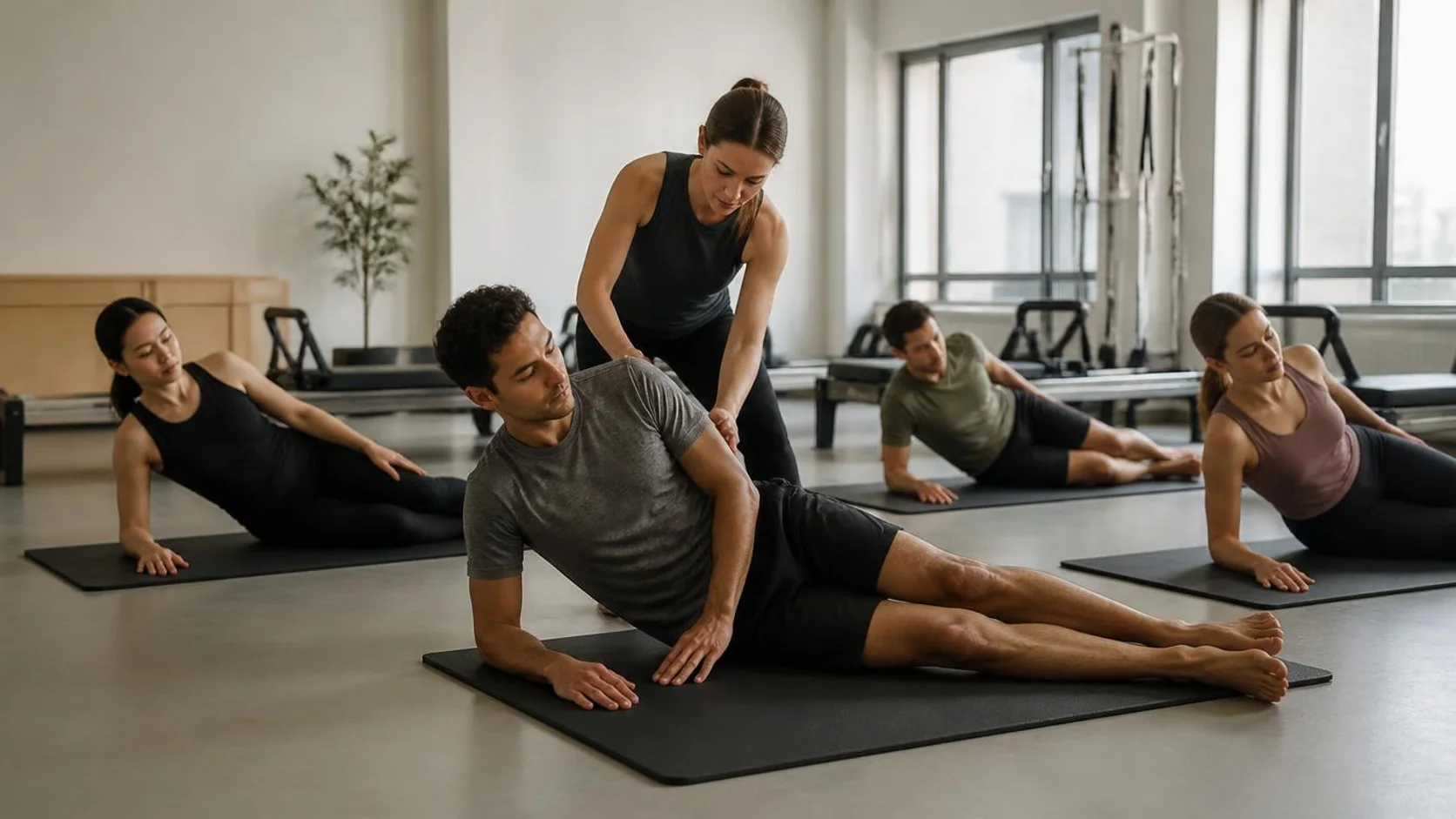 Instrutor(a)(a) orienta um pequeno grupo de adultos em exercício de solo em estúdio de Pilates claro, com aparelhos ao fundo.