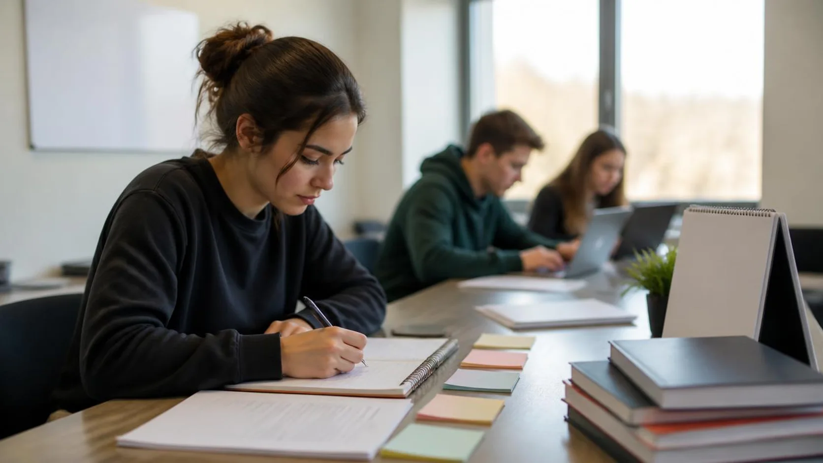 Estudante organiza um planejador acadêmico, apostilas e anotações sobre a mesa de estudos da universidade.