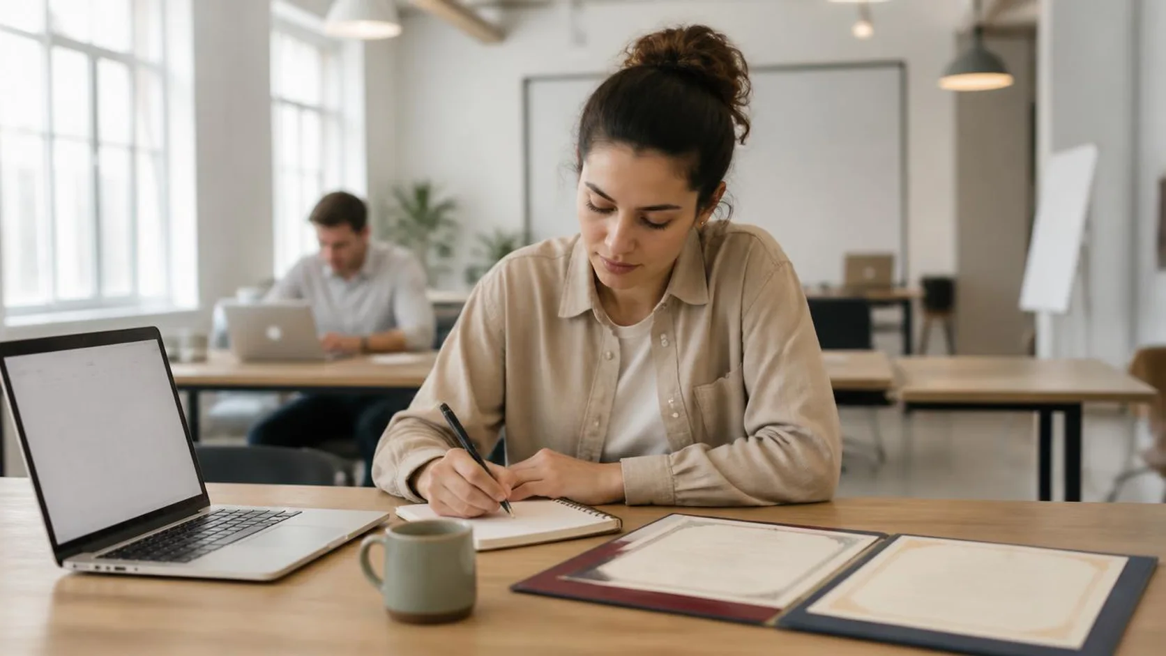 Profissional anota etapas de um plano de carreira em um caderno, com laptop e documentos de cursos sobre a mesa de um espaço de trabalho.