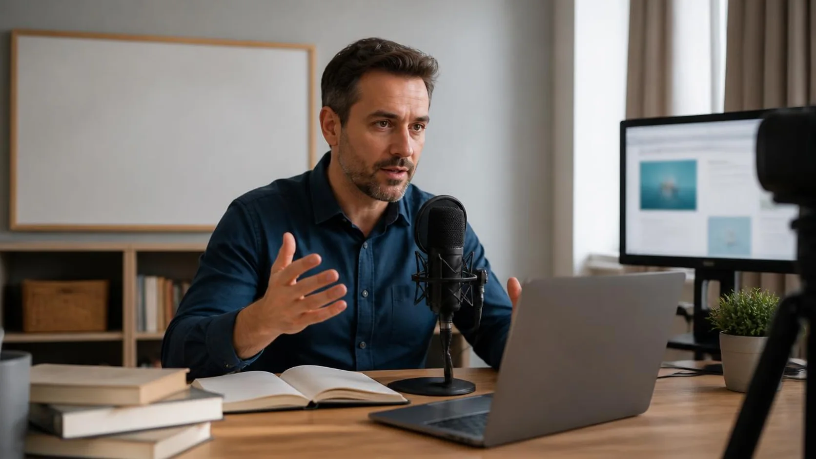 Docente gravando uma aula em um pequeno estúdio doméstico, com microfone e computador sobre a mesa.