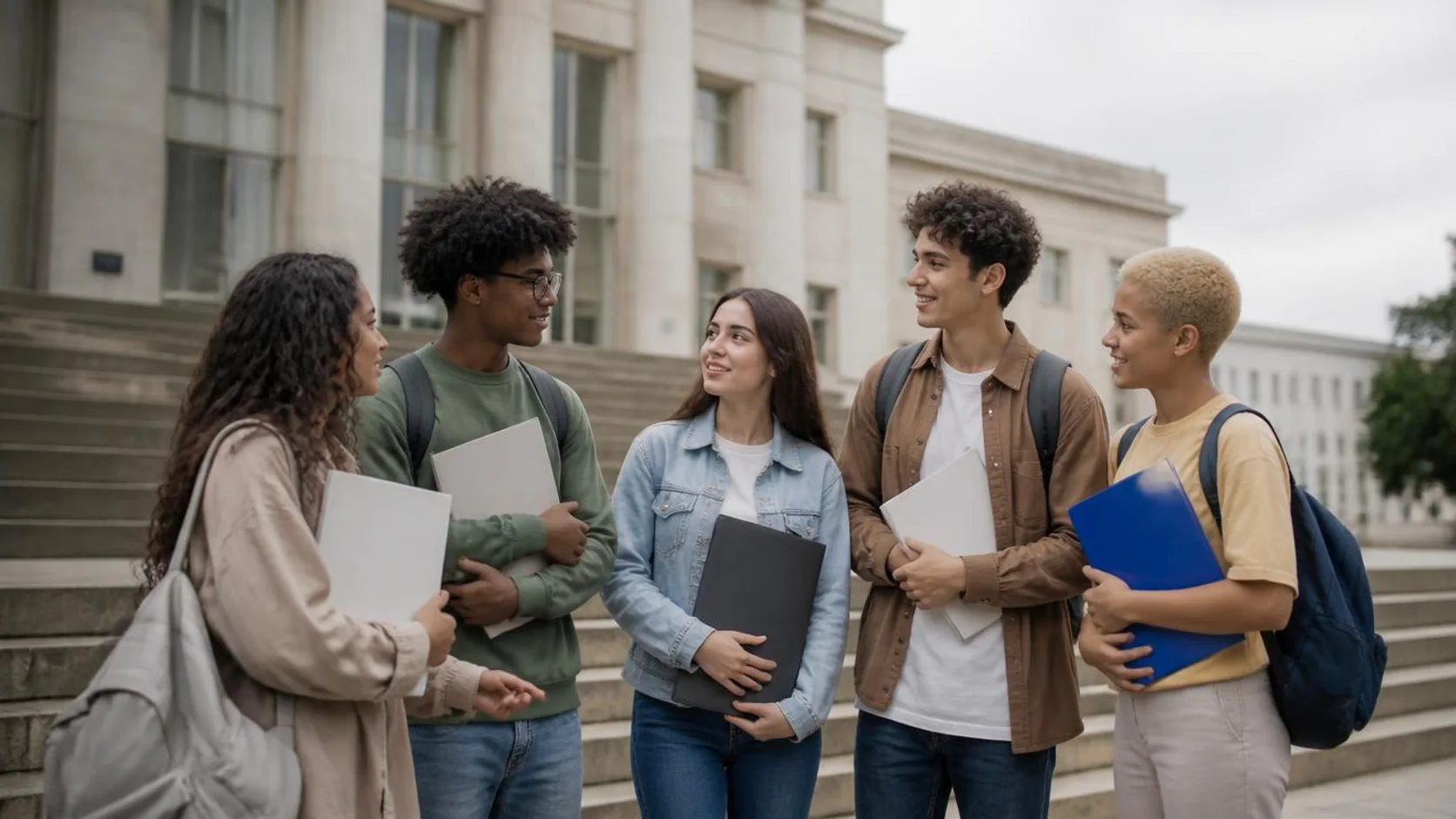 Grupo diverso de estudantes conversa nos degraus de um prédio universitário público, com pastas e mochilas.