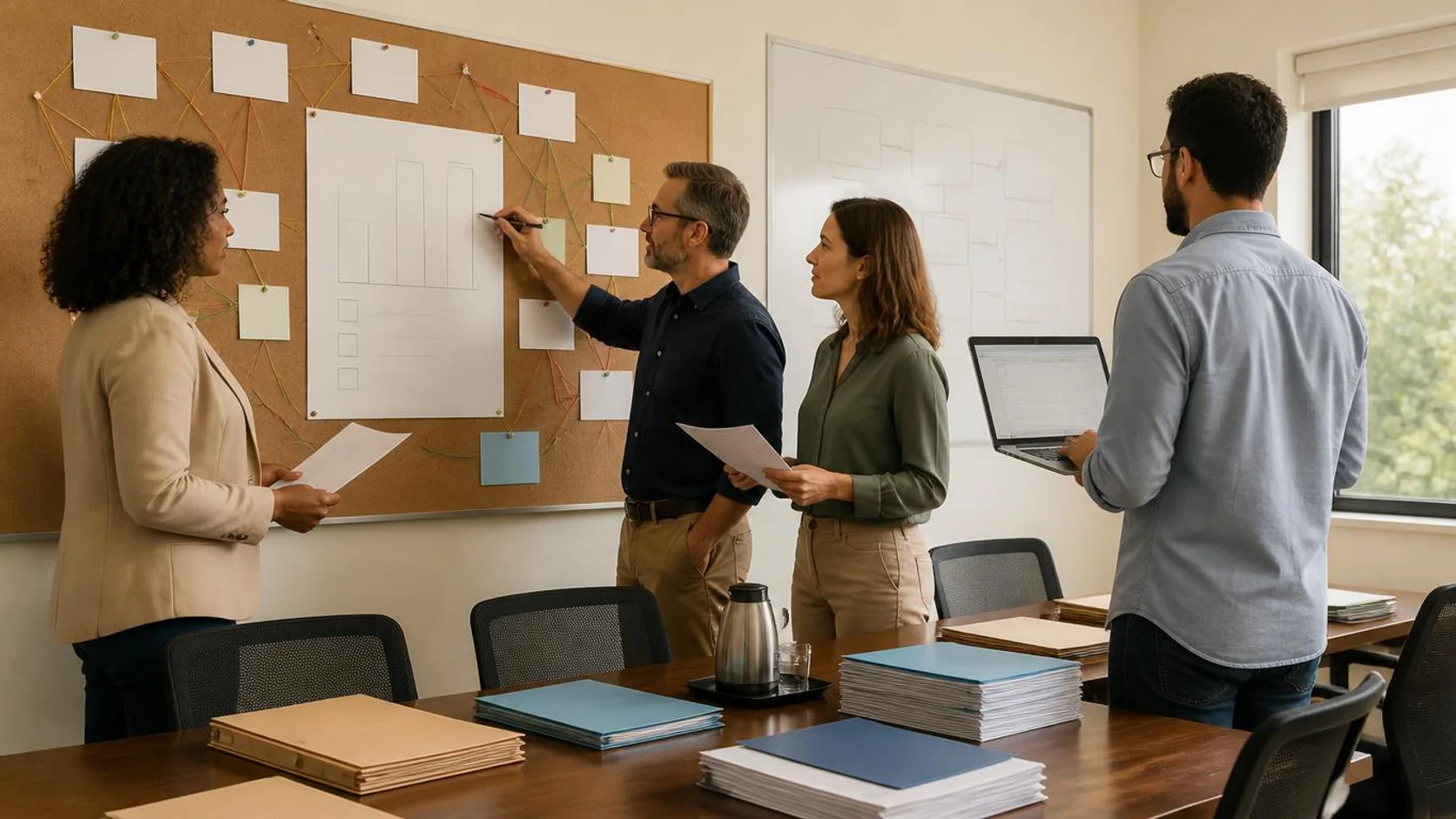 Equipe de gestão educacional organiza cartões e fios em painel de planejamento numa sala de reuniões, com documentos e quadro de setas sem texto