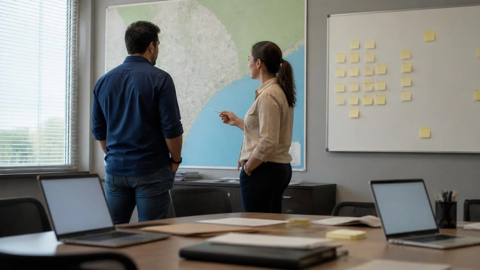 Dois servidores analisam um mapa e um quadro de planejamento em uma sala de gestão de segurança pública, com notebooks e documentos sobre a mesa.
