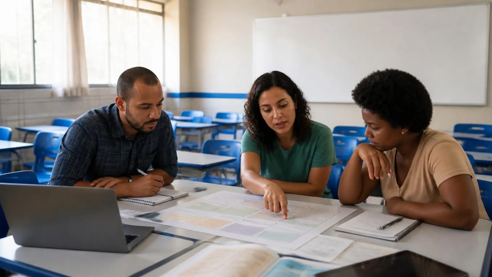 Docentes reunidas em mesa com gráficos impressos e cadernos durante uma formação docente em sala de aula brasileira.