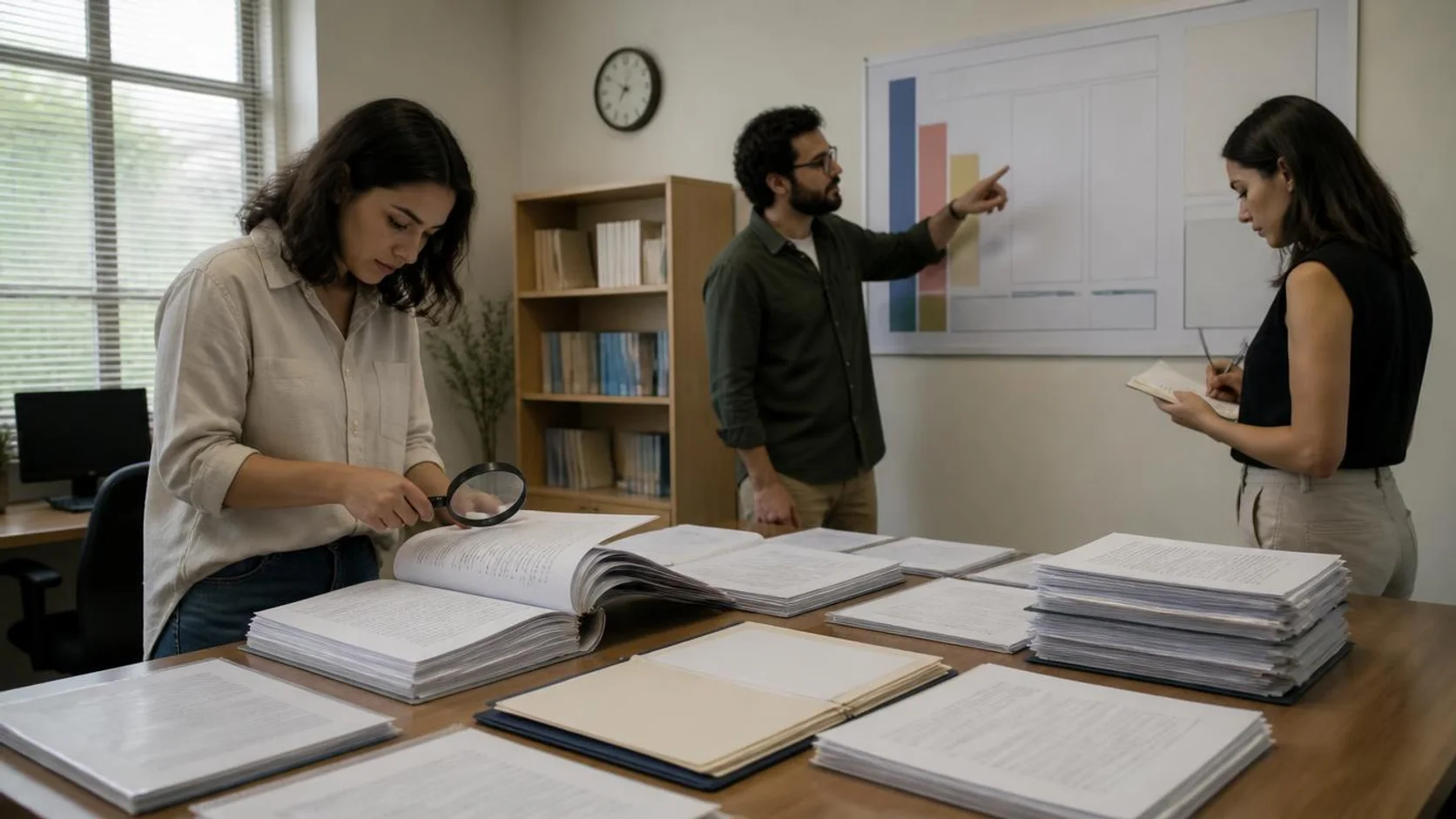 Três pessoas analisam processos impressos de cursos sobre uma mesa em escritório de universidade pública, diante de um quadro com barras e caixas sem texto