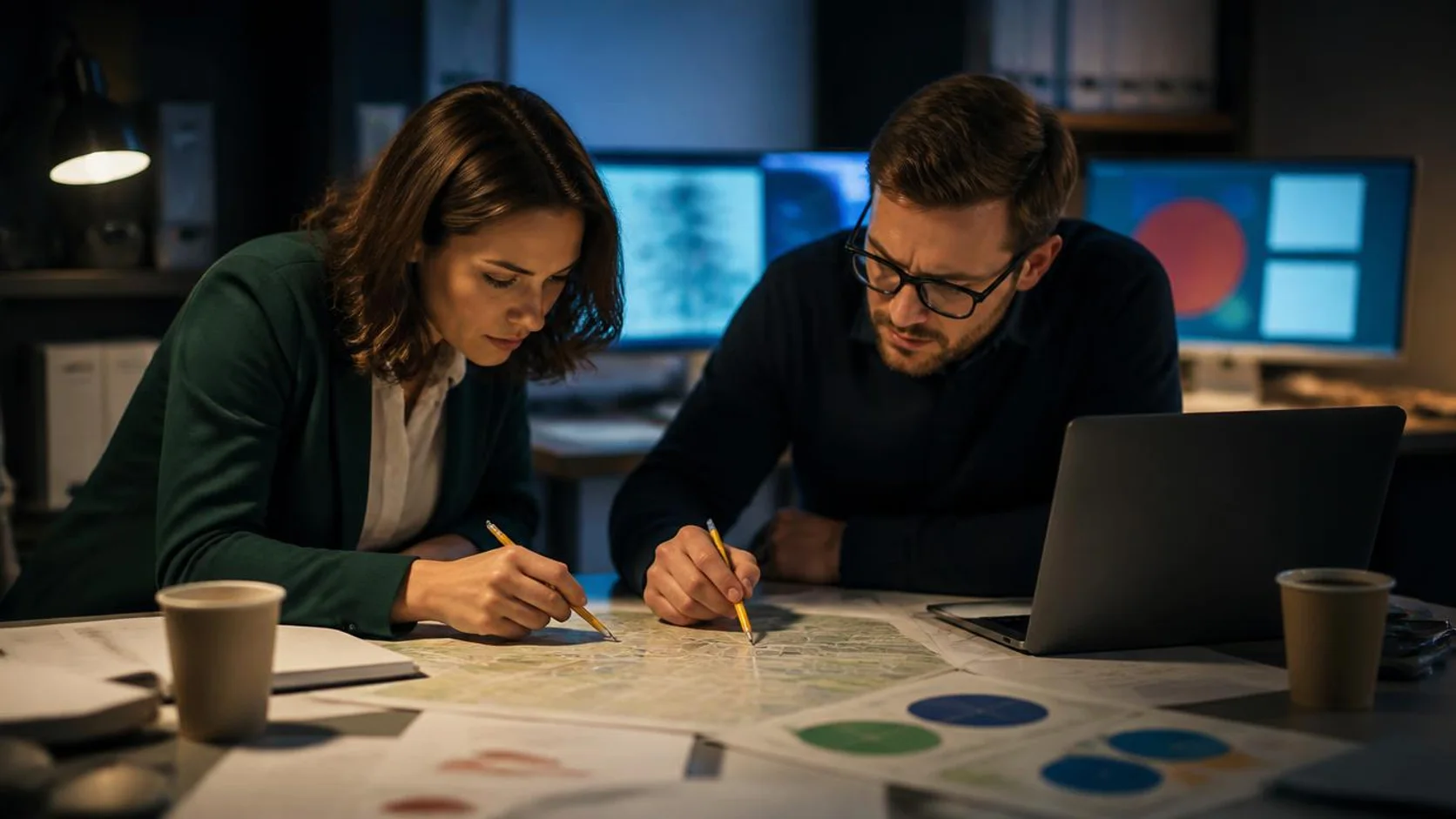 Jornalista e analista de dados analisam gráficos e mapa impressos sobre a mesa de uma redação, com painéis desfocados nos monitores ao fundo.