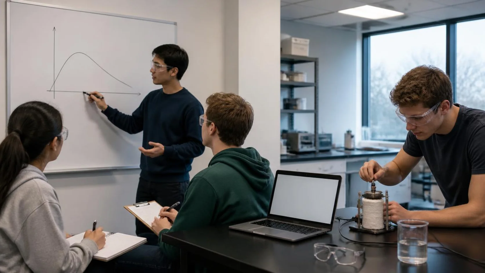 Estudante apresenta resultados de experimento no quadro para colegas enquanto outro ajusta sensor ligado a protótipo no laboratório.