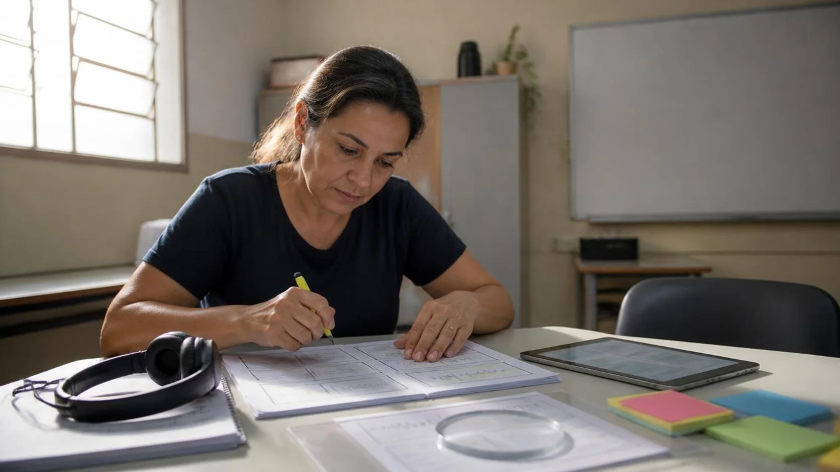 Docente revisa em uma mesa o storyboard impresso de uma aula digital, marcando com caneta os trechos de legenda, áudio e descrição de imagem, com tablet e fones ao lado.